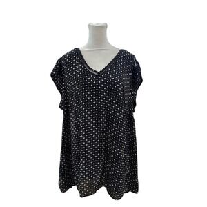 DR2‎ Women 1X Black White Polka Dot V Neck Short Sleeve Top